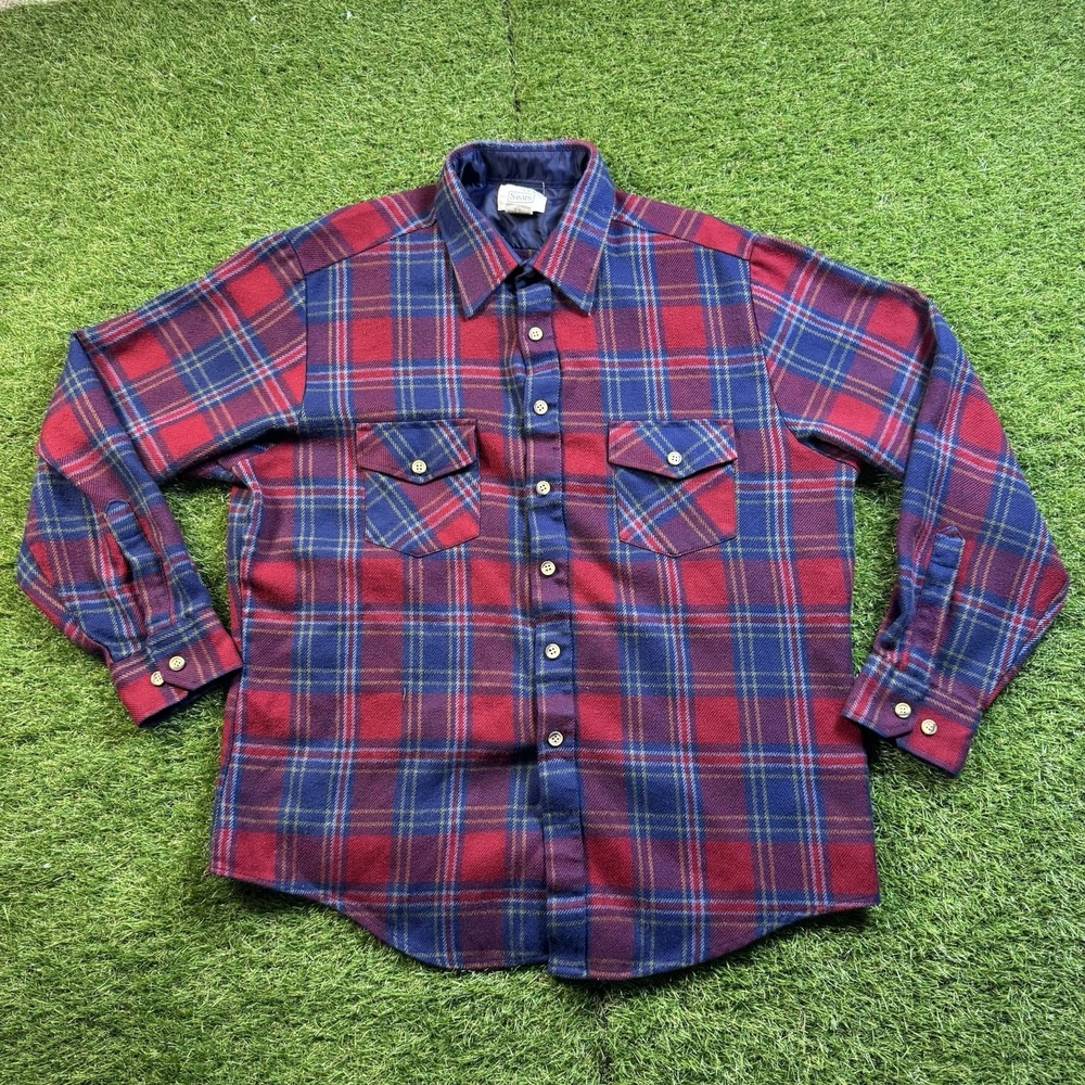Vintage Sears Flannel Shirt Mens L Red Plaid Button Up USA Workwear Outdoors 70s